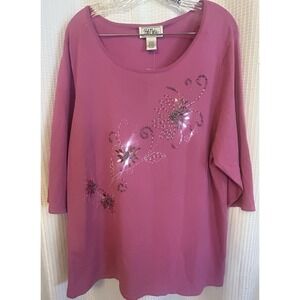 Bob Mackie Wearable Art Magenta Sequined Floral Bling Top Women 1X New With Tags